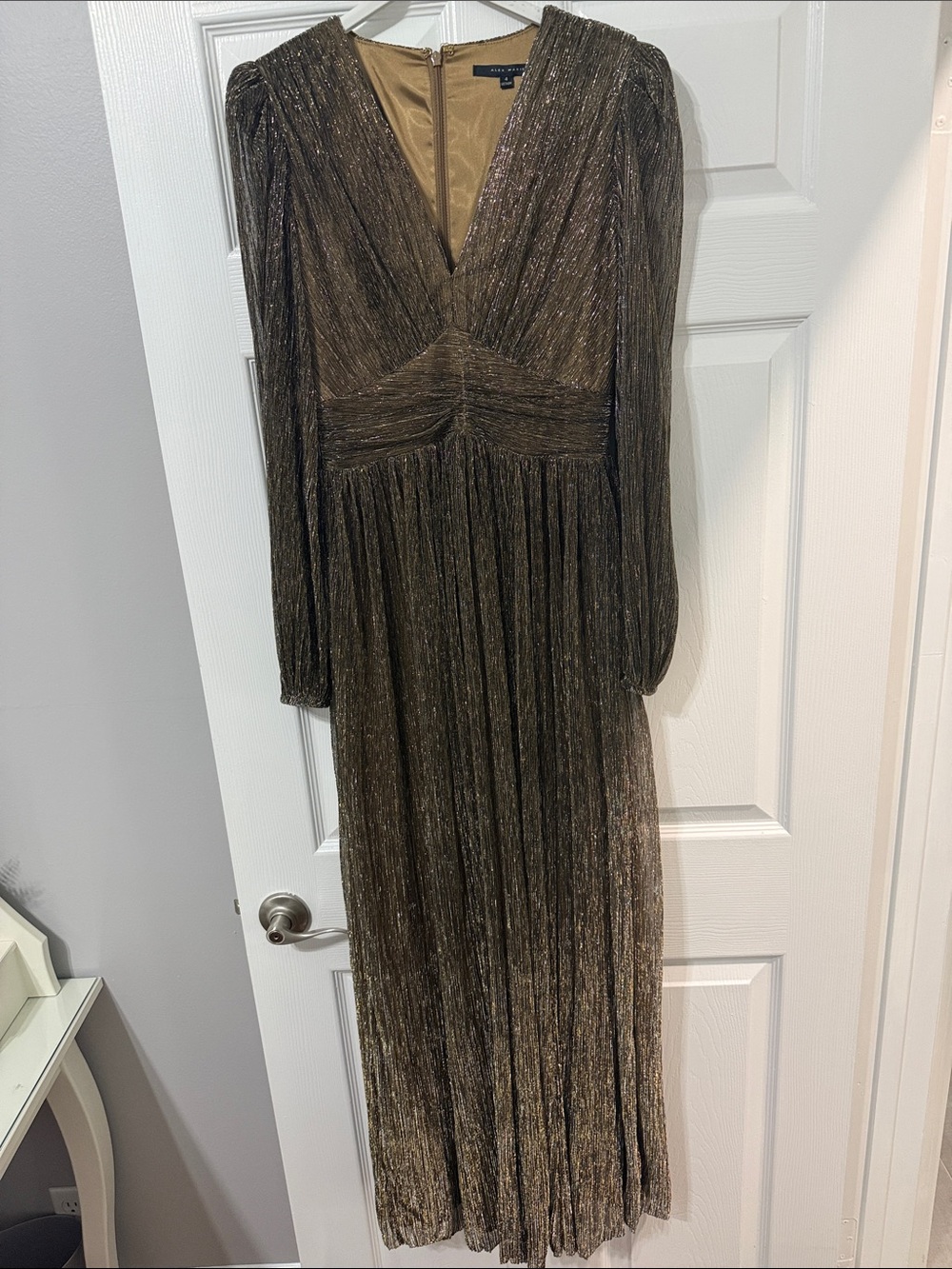 Alex Marie Bella  Crinkle Metallic V-neck Blouson long sleeve A-Line Gown